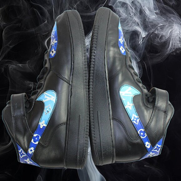 Nike AF1 Leather Custom Hand Painted Blue On Black Louis Vuitton Logo, Size 13 - Picture 5 of 9